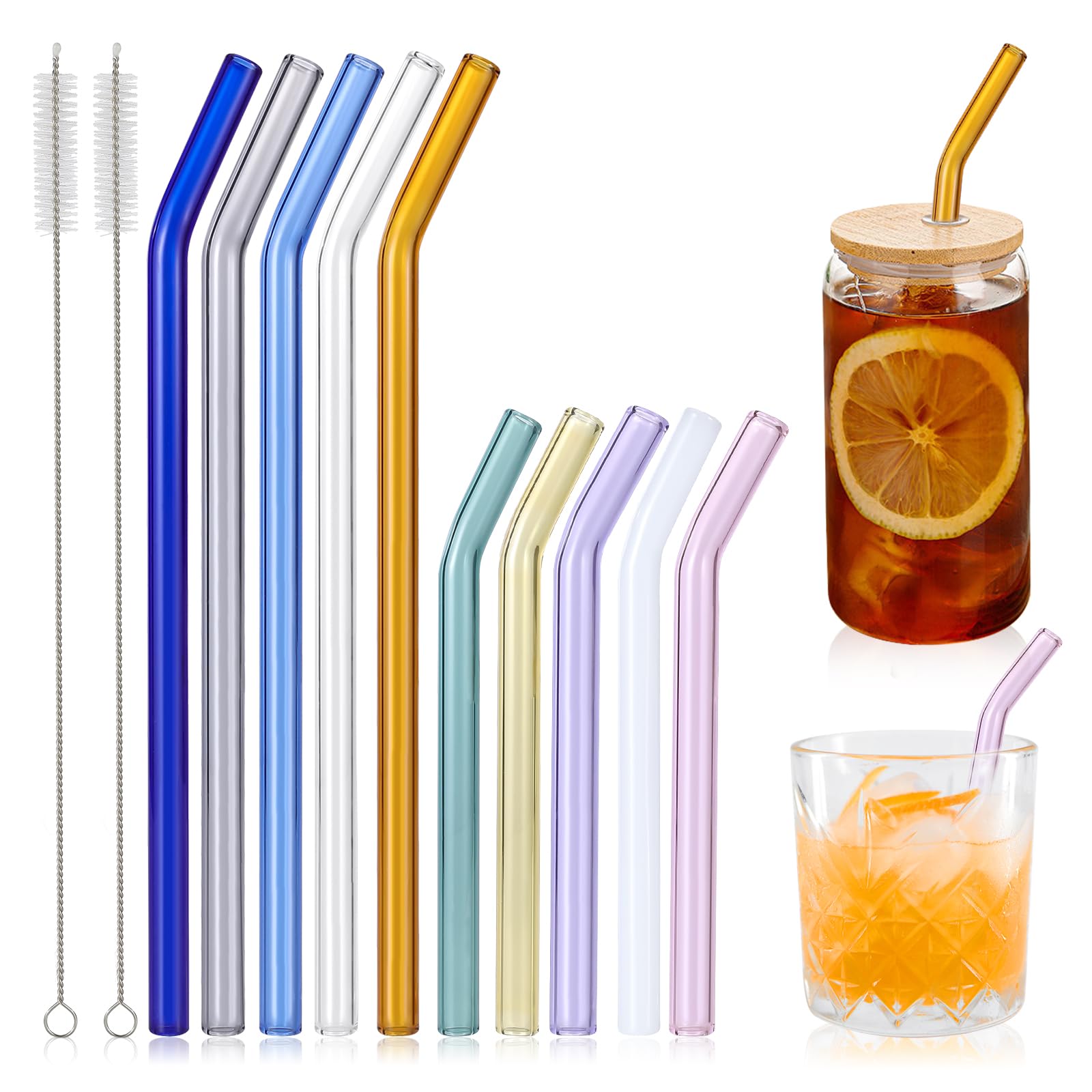 10 Pcs Reusable Colorful Bent Glass Straws,Size 9''x10mm and 6''x10mm Cute Short Glass Straws Shatter Resistant with 2 Cleaner Brush for Beverages,Coffee,Juice,Cocktail,Teas