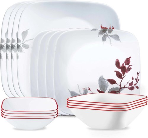 Corelle Kyoto Leaves Dinnerware Set - 16pc Service for 4 | Chip & Break Resistant, White