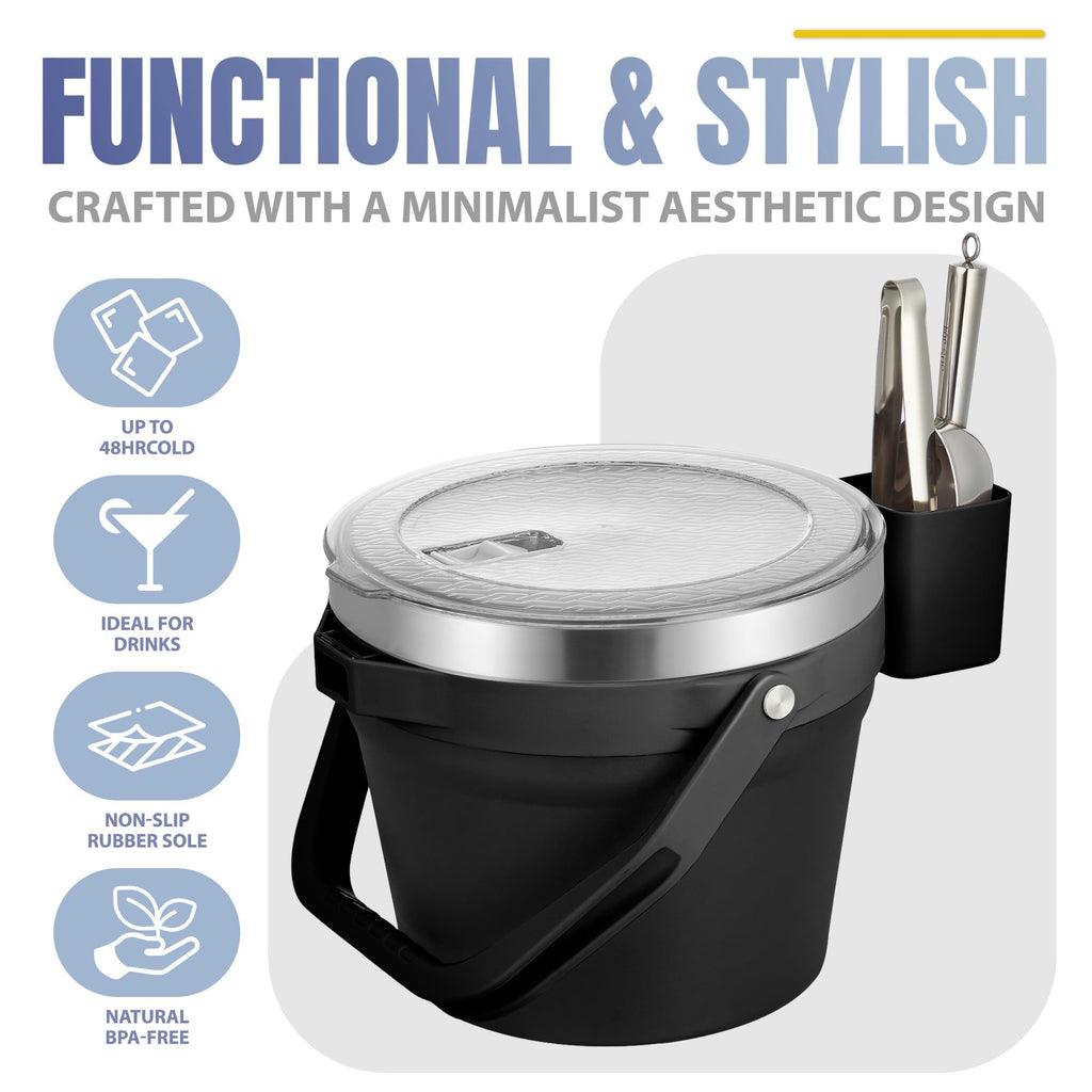 COKTIK 7L Vacuum Insulated Ice Bucket with Lid and Scoop& Tongs，Large capacity Stainless Steel Beverage Bucket for Cocktail, Champagne, Wine, Beer，Large Parties（Carbon Black Suit）