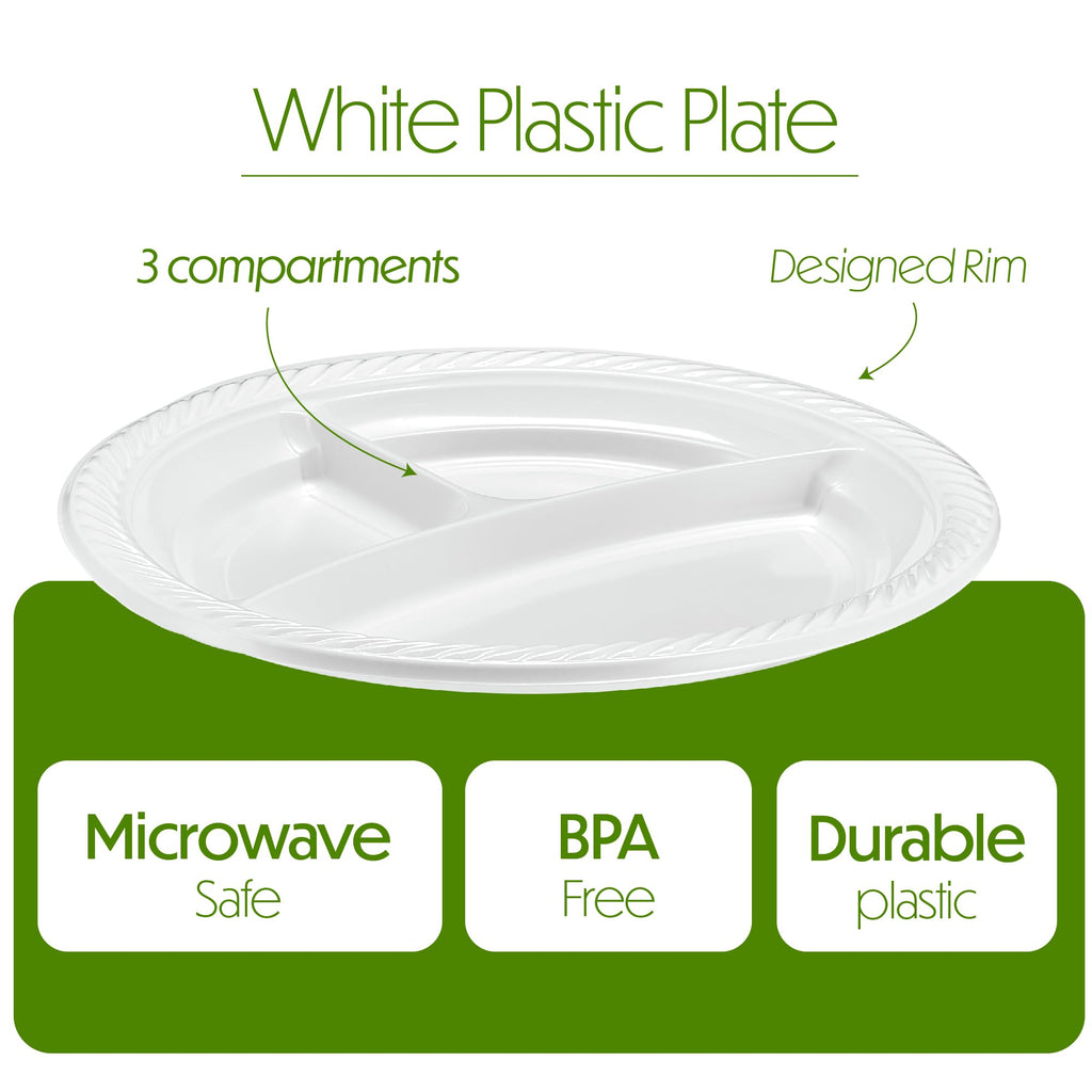 PLASTICPRO 9 inch Round Plastic Plates 3 Compartment - 3 Section Plates Microwaveable, Disposable, White, Dinnerware 400 Count