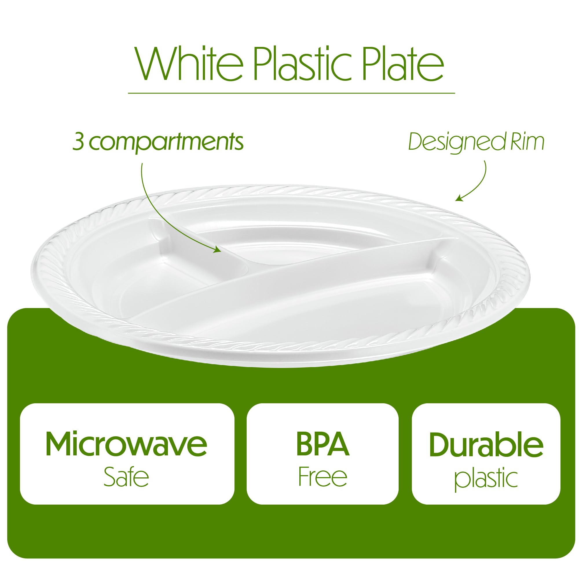 PLASTICPRO 9 inch Round Plastic Plates 3 Compartment - 3 Section Plates Microwaveable, Disposable, White, Dinnerware 400 Count