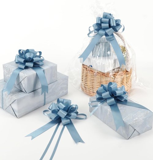 HUIHUANG Dusty Blue Pull Bows - 4"x8" Satin Gift Bows for Wrapping, Baby Showers & Weddings | 12 PCS