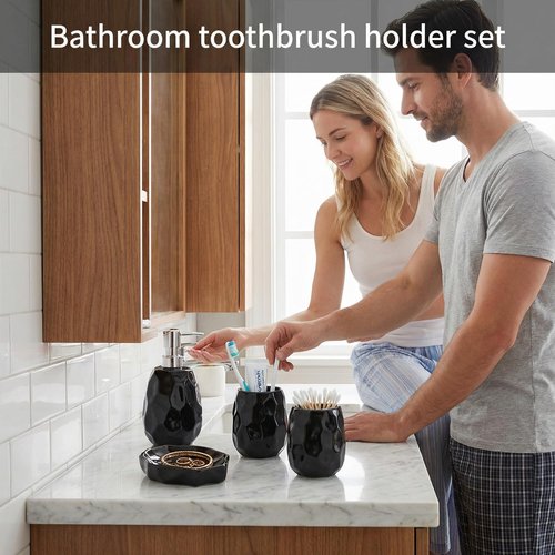 Ceramic Bathroom Accessories Set 4 PCS,Bathroom Toothbrush Holder Set,Soap and Toothbrush Holder Set,Include Toothbrush Holder,Soap Dispenser,Soap Dish,Tumbler,Bathroom Sets Decor Organizer (Black)