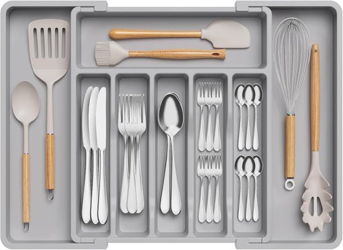 Lifewit Expandable Silverware Drawer Organizer - BPA-Free Utensil Tray for Kitchen | Adjustable 13-22 x 15", Grey