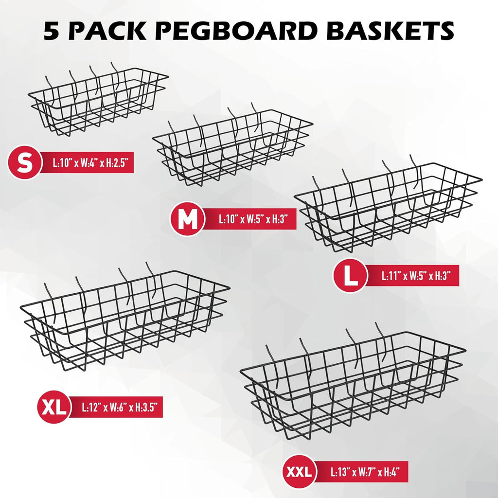 Premium Black Metal Wire Baskets | 5-Piece Heavy Duty Pegboard Organizer Set for Garage & Craft Room