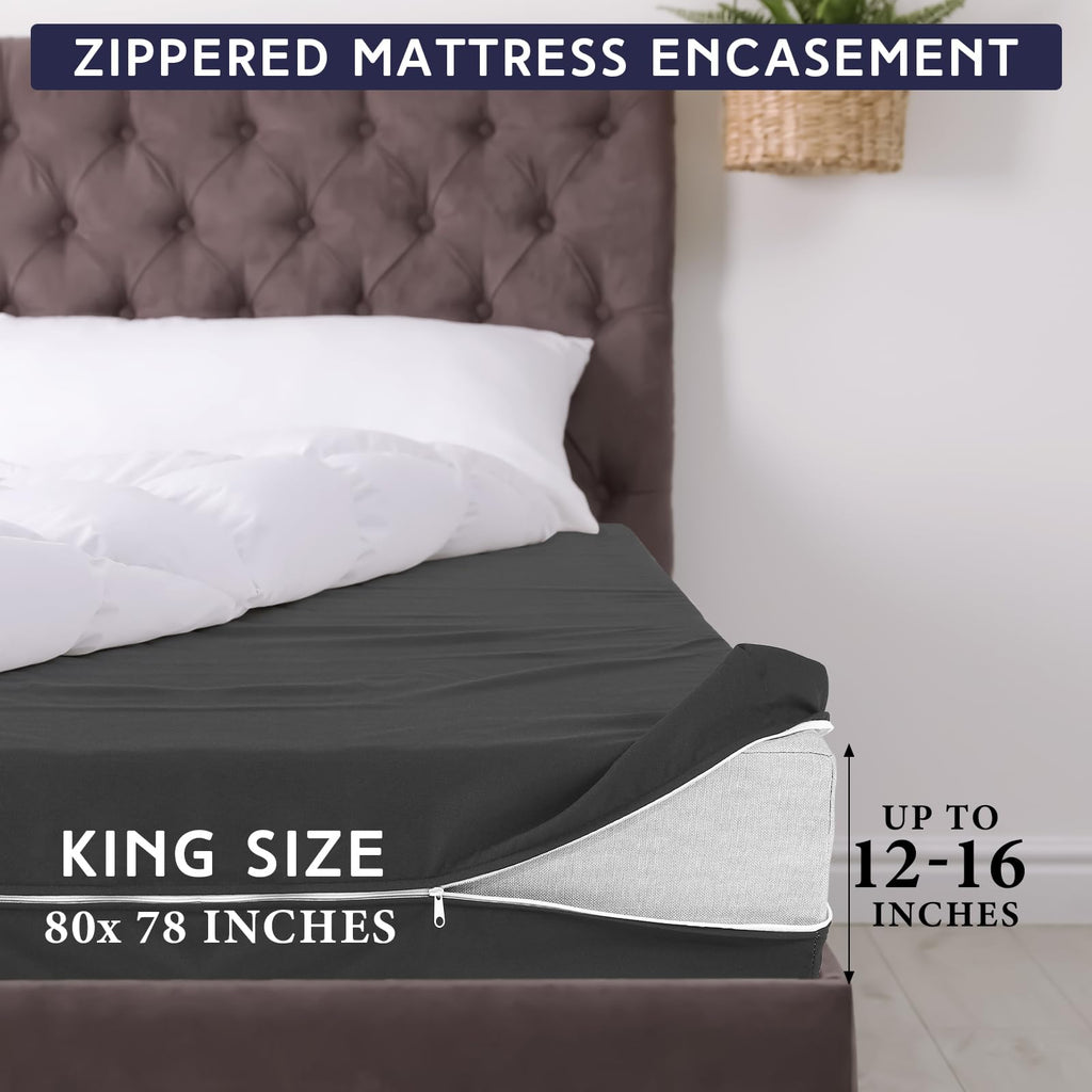 HunnmingRe Zippered Mattress Fitted Protector Deep Mattress Encasement Soft Zipper Fitted Sheet Microfiber Bed Sheet Cover for Bed(Dark Gray,King,12-16in)