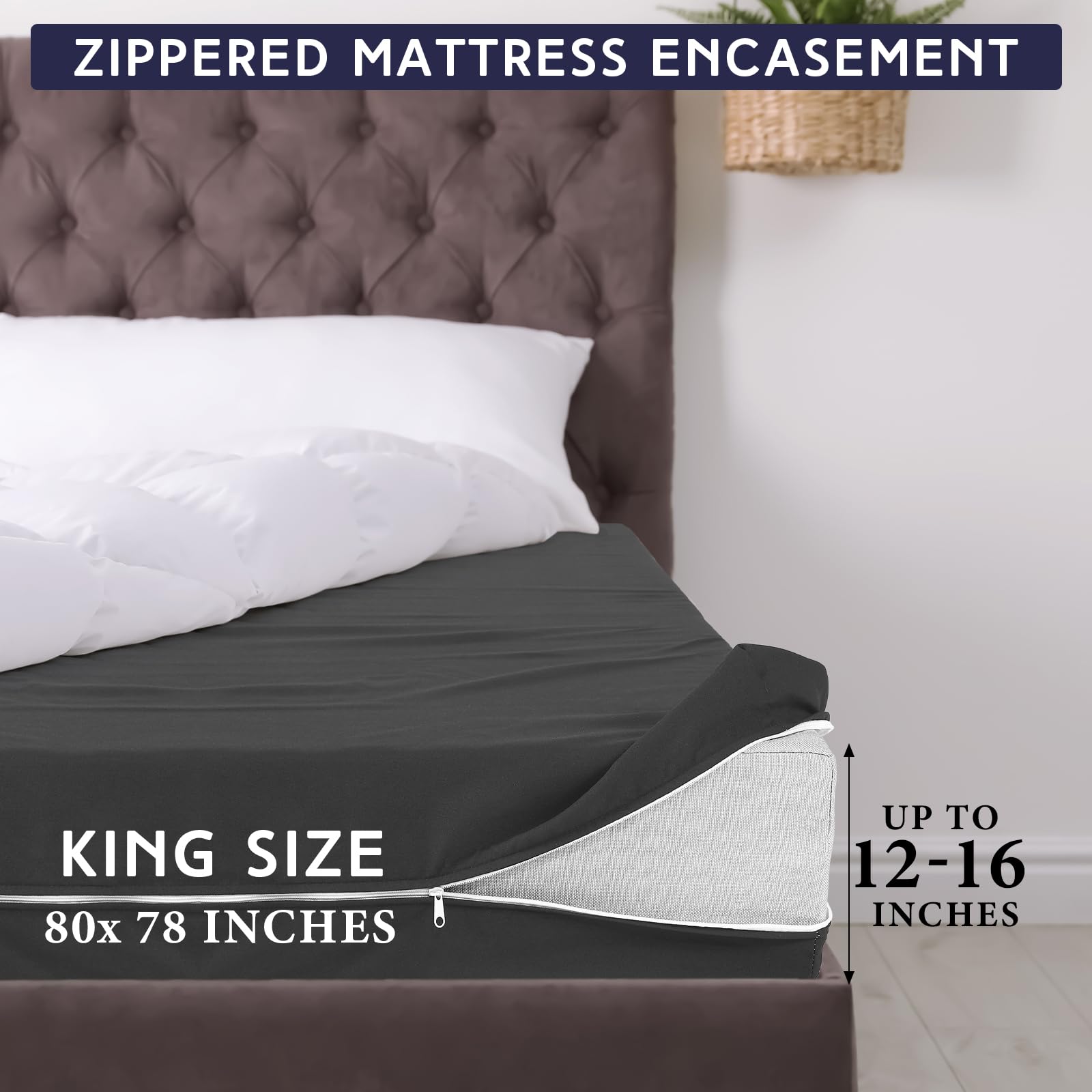 HunnmingRe Zippered Mattress Fitted Protector Deep Mattress Encasement Soft Zipper Fitted Sheet Microfiber Bed Sheet Cover for Bed(Dark Gray,King,12-16in)