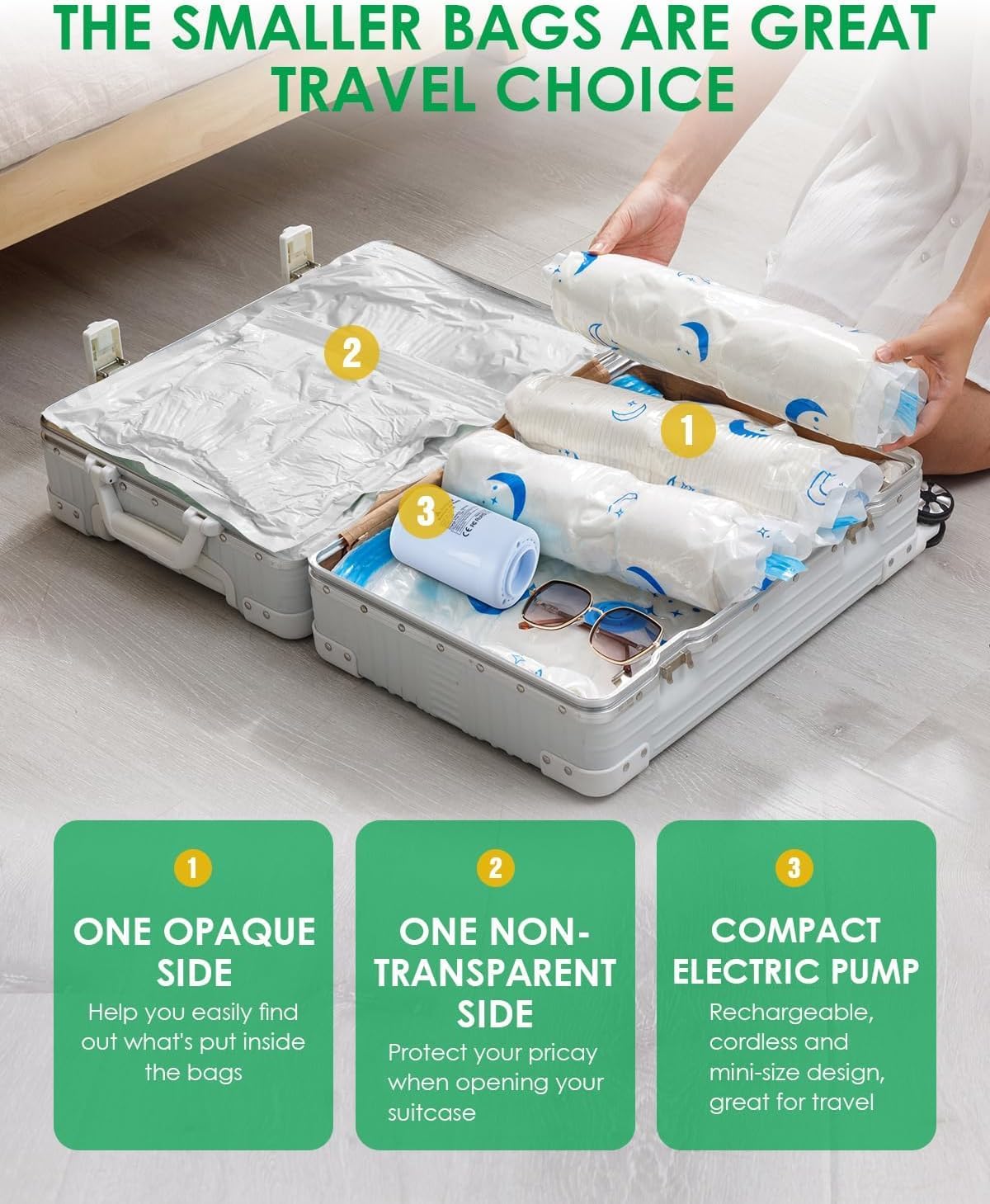 Skiennix Vacuum Bags for Travel - 25 Pack Compression Packing Bags with Rechargeable Air Pump | Space Saver for Luggage and Clothing
