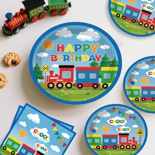 201 Pcs Train Birthday Decorations Train Plates and Napkins Birthday Party Supplies Banner Hanging Swirls Honeycomb Centerpieces Train Table Toppers Train Themed Party Decorations for Birthday