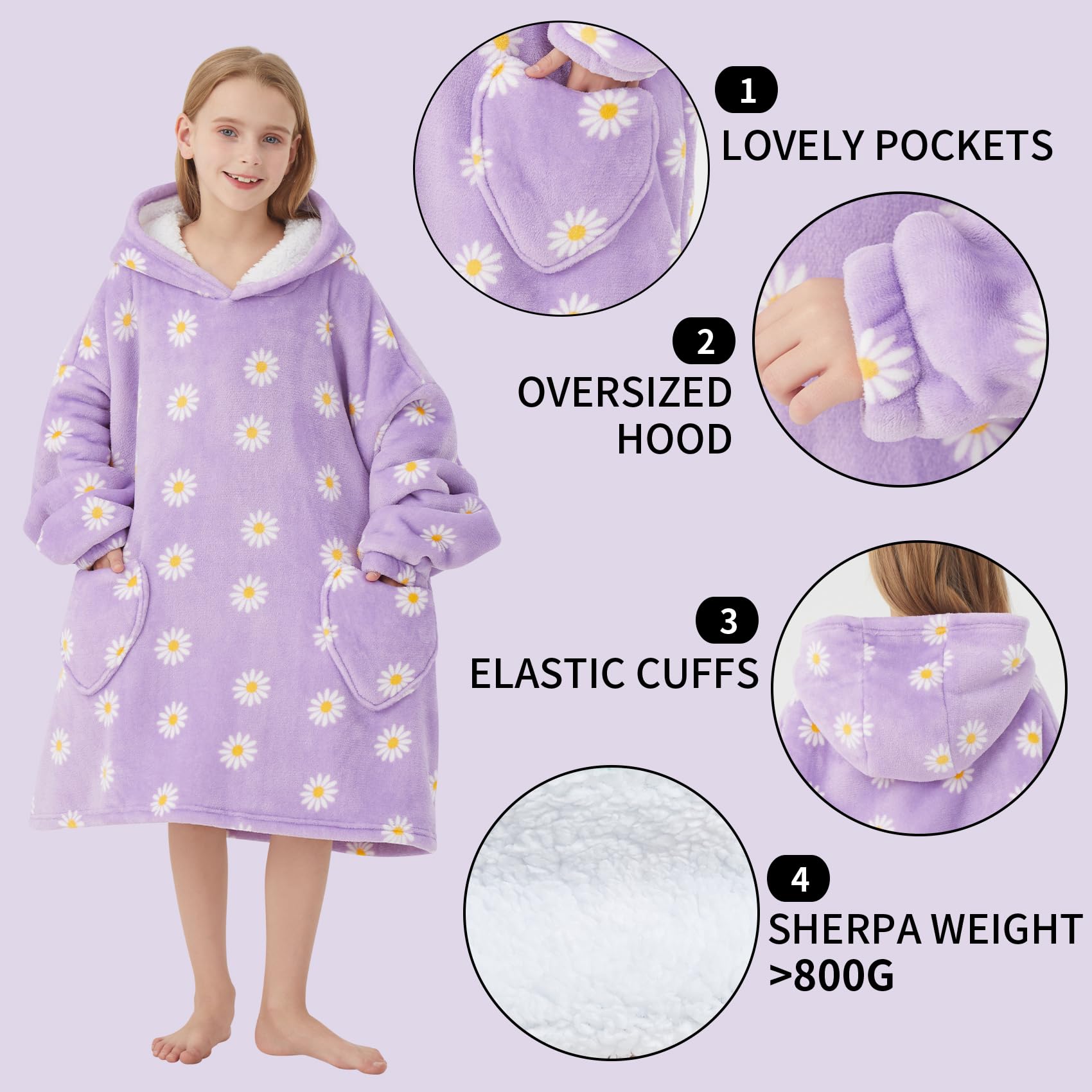 Wearable Blanket Hoodie for Kids Oversized Sherpa Blanket Hoodie for Kids Boys Girls Teens 6-13YR,Daisy