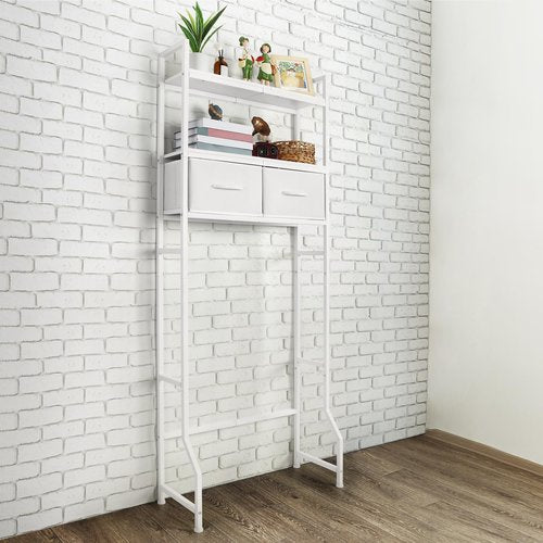 ETELI Over The Toilet Storage Cabinet with Fabric Drawers 3-Tier Over Toilet Bathroom Organizer Behind Toilet Bathroom Shelf Organizer with 4 Hooks Freestanding Bathroom Space Saver White