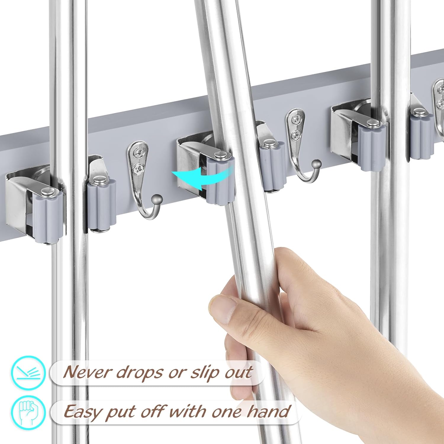 OUTNILI Gray Mop Broom Holder - Heavy-Duty Wall Mount Organizer with 4 Slots & Hooks for Laundry Room