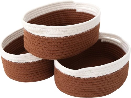 JMvicyroam Woven Storage Baskets - Small Rope Organizer with Handles | White & Brown - 3 Pack for Shelves & Closets