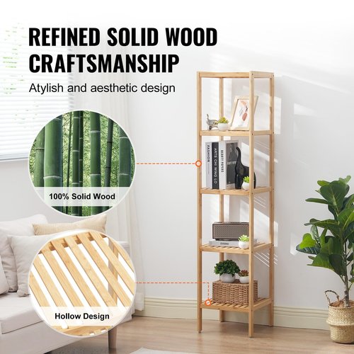 VEVOR 5-Tier Bathroom Standing Shelf, Narrow Shelving Unit, Display Storage Rack Organizer, Freestanding Flower Plant Stand, Multifunctional Bamboo Shelf Ideal for Bathroom, Kitchen, Home, Natural