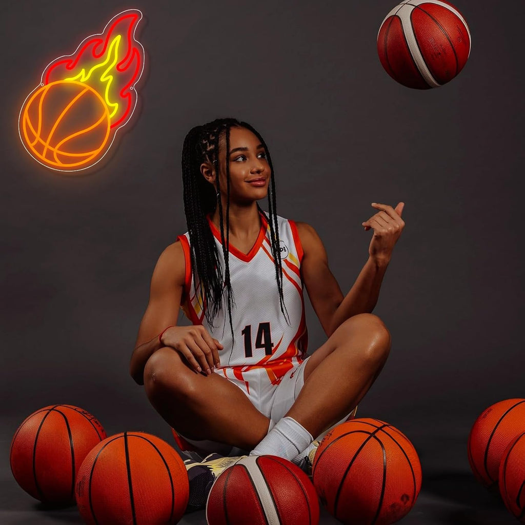 Skiennix Basketball Neon Sign - Dimmable LED Flame Light for Boys' Bedroom | Orange, Red, Yellow Decor