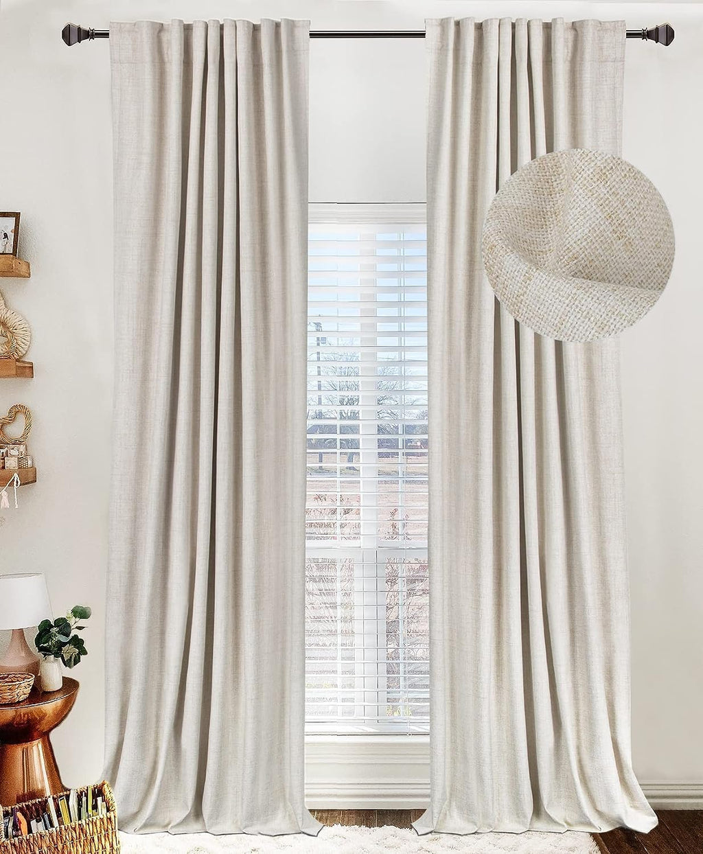 Skiennix 100% Blackout Linen Curtains - Thermal Insulated Drapes for Bedroom | 50" W x 102" L, Cream