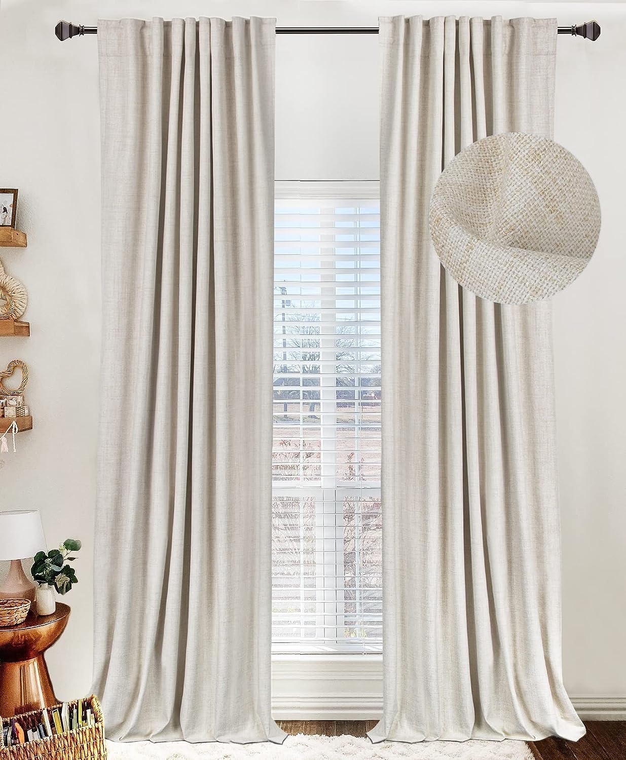 Skiennix 100% Blackout Linen Curtains - Thermal Insulated Drapes for Bedroom | 50" W x 102" L, Cream