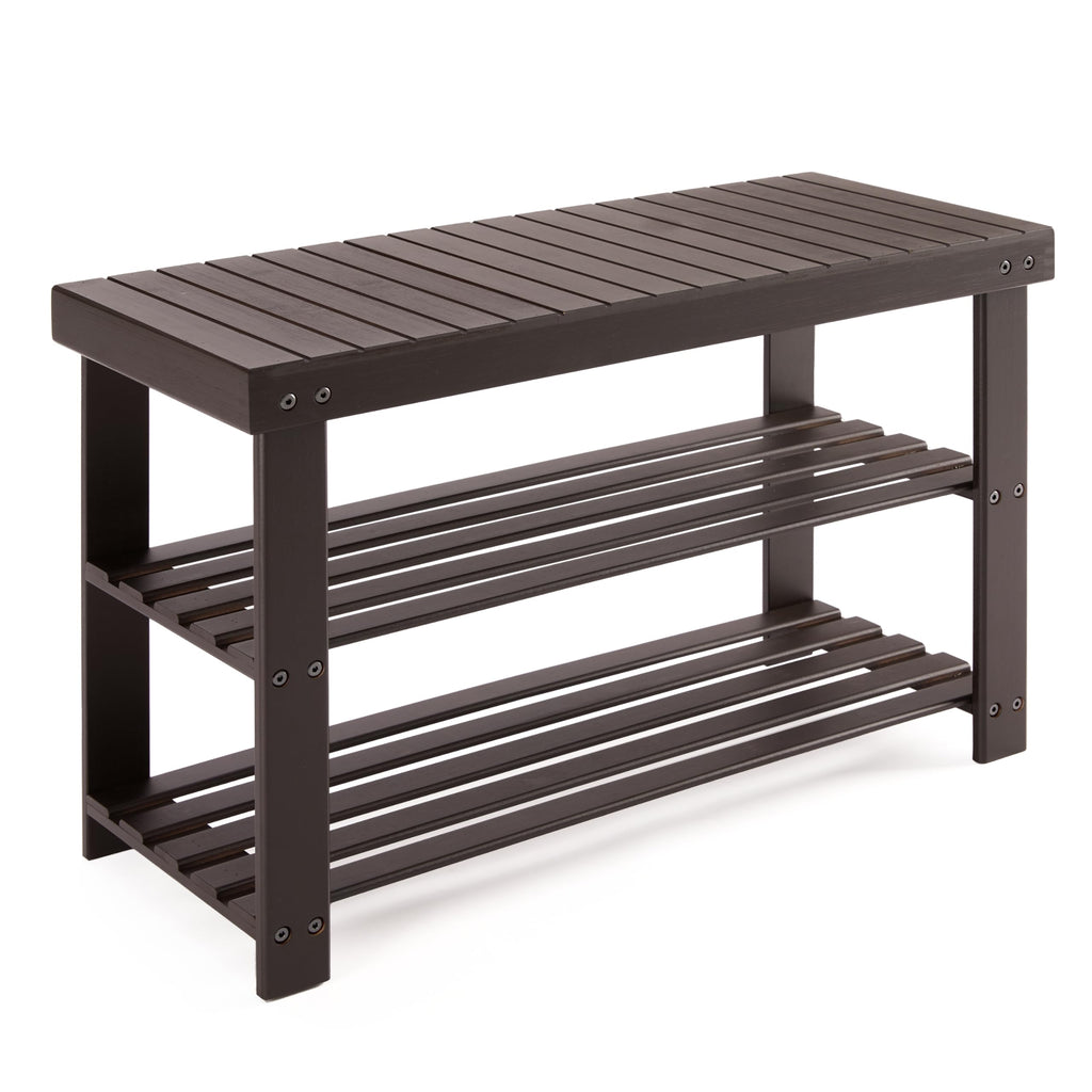Simple Deluxe Shoe Rack Bench, 3-Tier Bamboo Storage Organizer, 286lb Capacity Entryway Bench for Front Door, Bedroom, Living Room, Bathroom, Balcony, Stylish Shoes Brown (11.3 x 27.6 x 17.8 Inches)