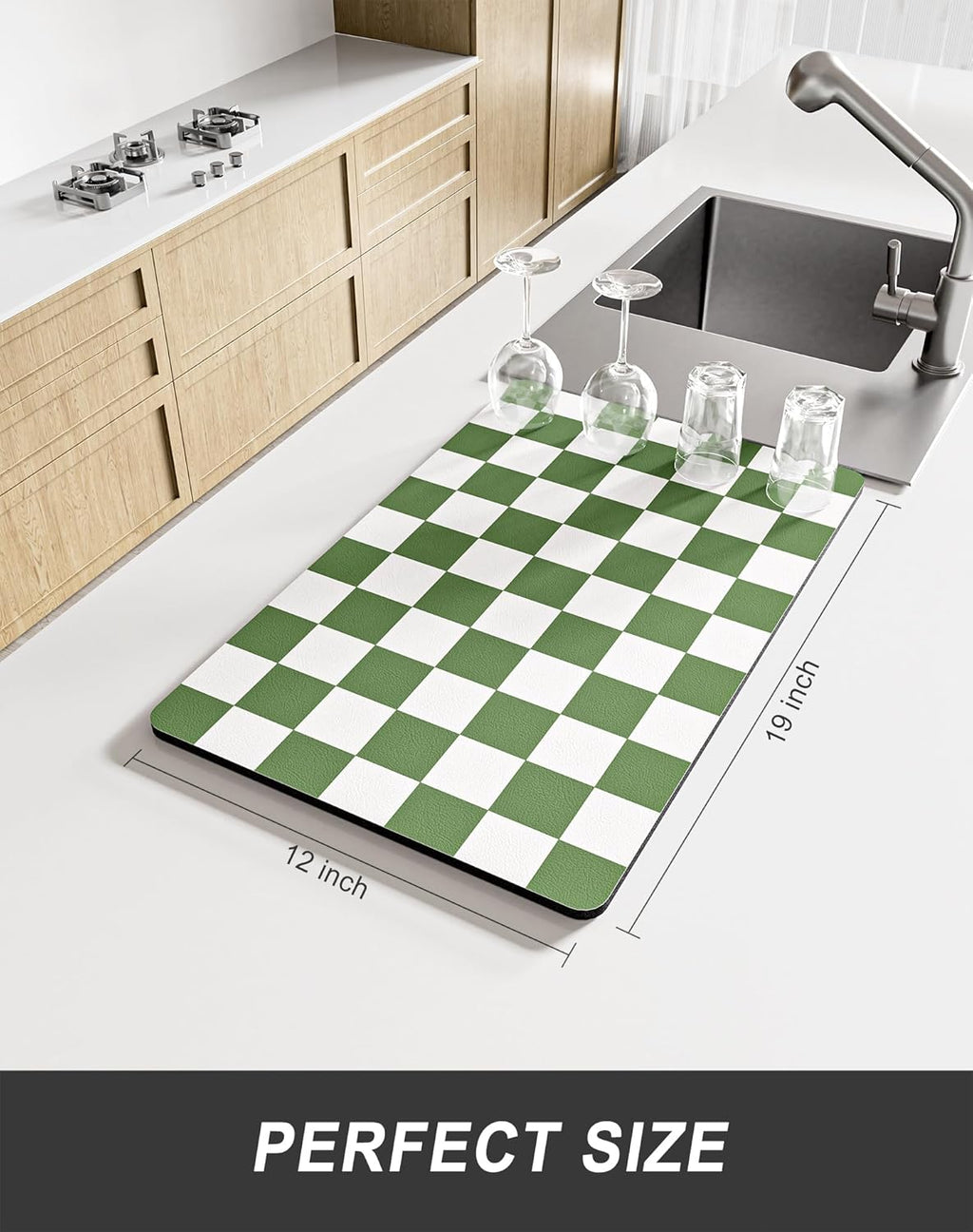 Rnivvi Dish Drying Mat - Absorbent Non-Slip Draining Pad for Kitchen | 12 x 19 Inches, Green & White Checkered