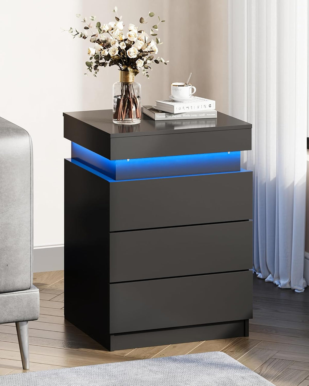 WLIVE Black Nightstand - Modern Bedside Table with Charging Station & LED Lights | 3 Drawers, Sliding Top