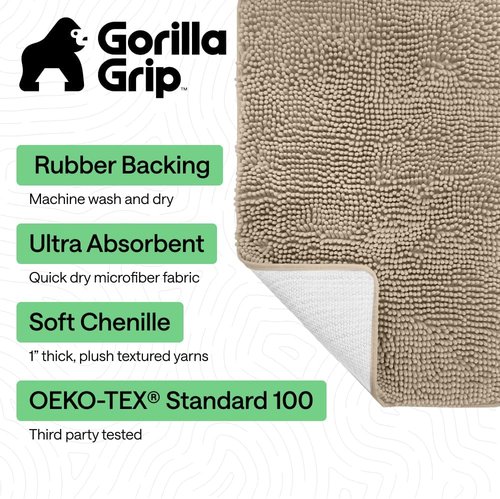 GORILLA GRIP Bath Rug Mat - Thick Absorbent Chenille | Quick-Dry Microfiber 70x24 in Gray Beige
