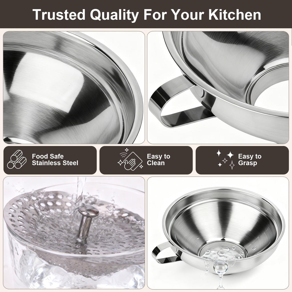 Cuqojs Canning Funnel with Strainer, Wide Mouth Canning Funnels for Filling Wide and Regular Mason Jars, Food Grade Stainless Steel Canning Supplies for Kitchen Use, 3 Pack (Small and Large)