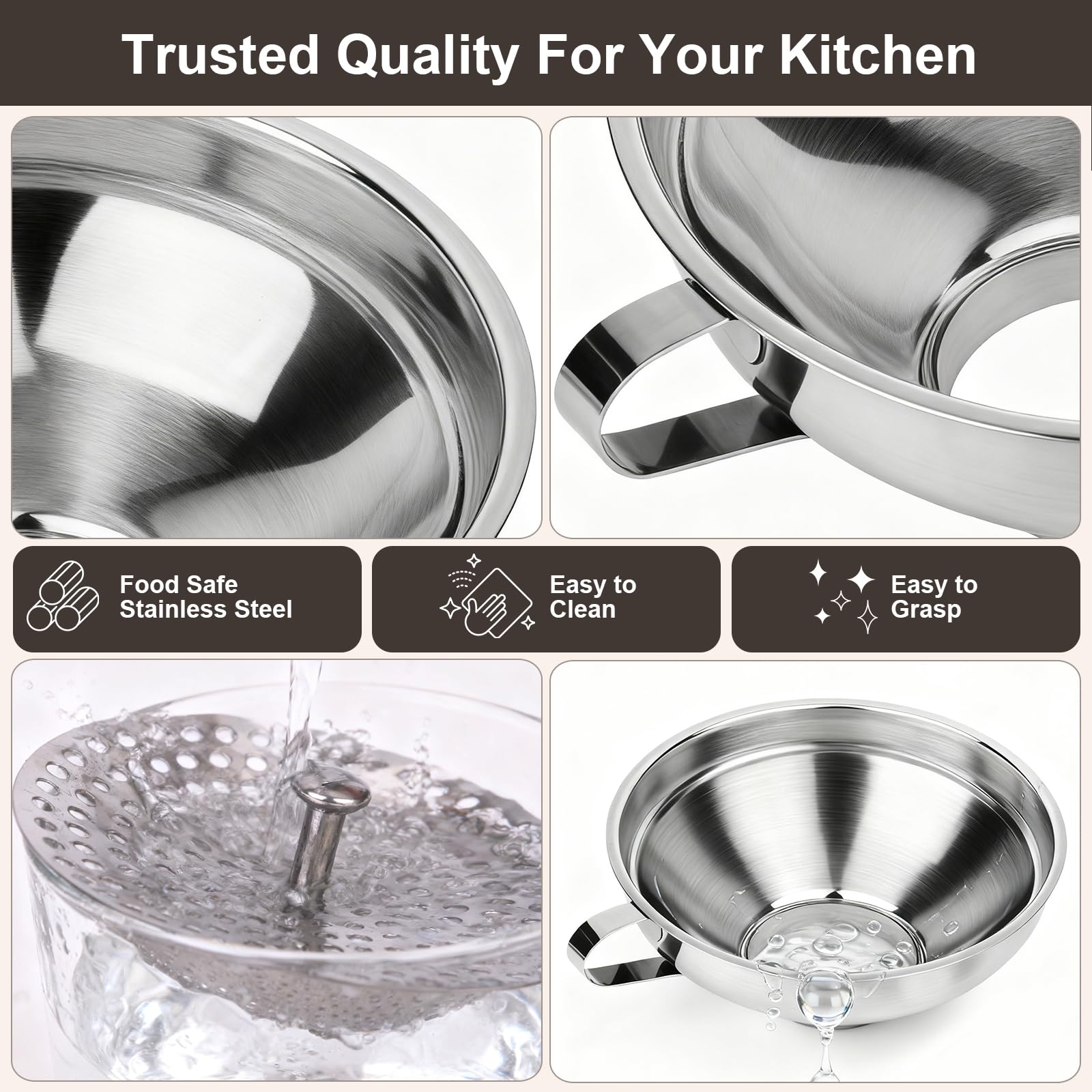 Cuqojs Canning Funnel with Strainer, Wide Mouth Canning Funnels for Filling Wide and Regular Mason Jars, Food Grade Stainless Steel Canning Supplies for Kitchen Use, 3 Pack (Small and Large)