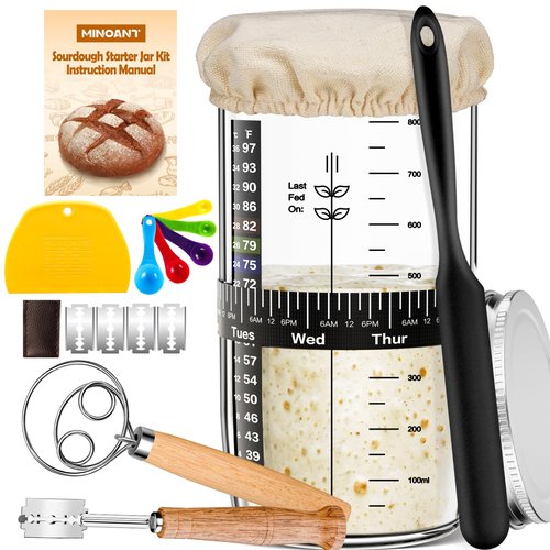Glass Sourdough Starter Kit with Cloth Cover & Metal Lid, Tracker Band, Thermometer, Jar Scraper, Lame, Dough Whisk, Bread Baking Supplies