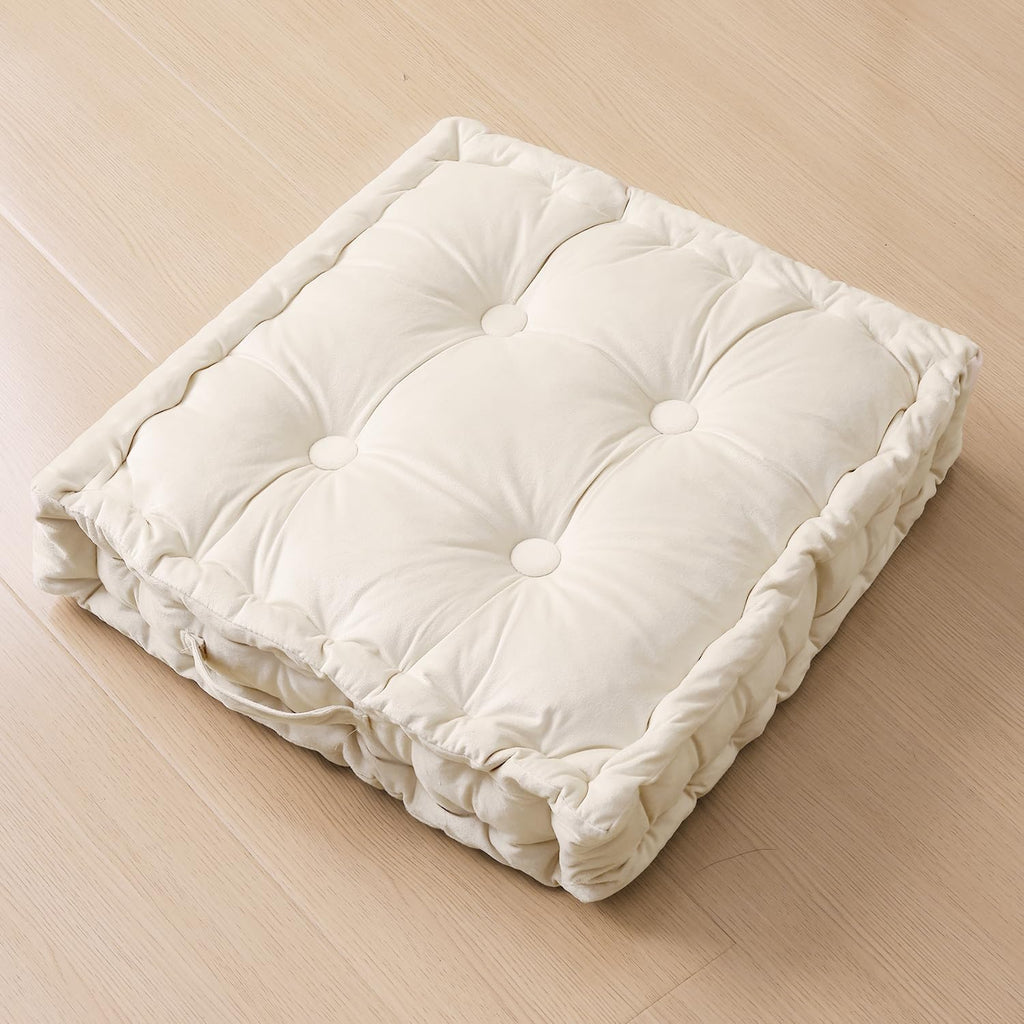 Skiennix Large Square Floor Pillow - Comfortable Meditation Cushion with Shredded Memory Foam | 20"x20"x5" Ivory