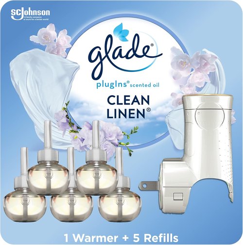 Glade PlugIns Air Freshener Starter Kit - Clean Linen Scented Refills | 1 Warmer + 5 Refills, 3.35 Fl Oz