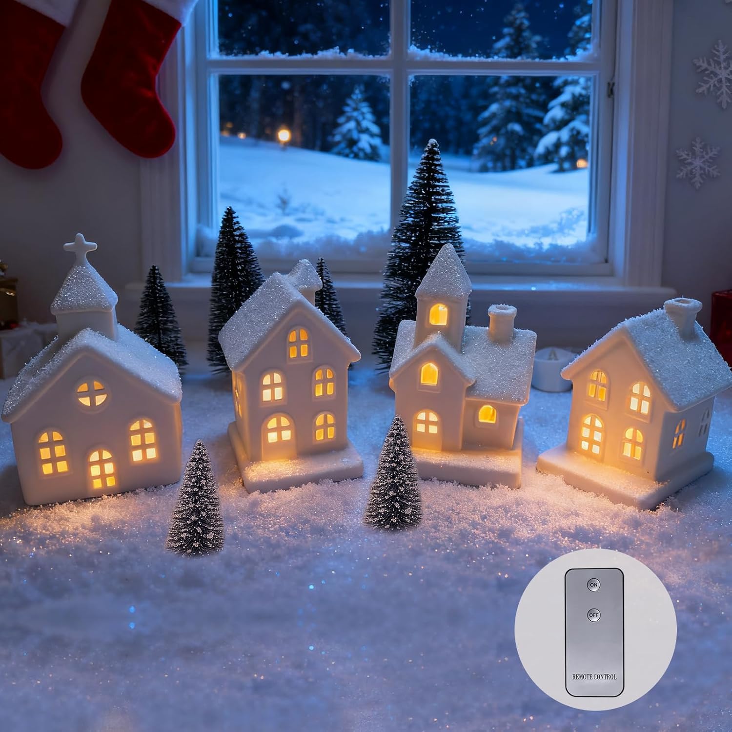 Regine Switzerland Christmas Village Set - 9 Pcs Lighted Ceramic Houses & Trees | Winter White Decor