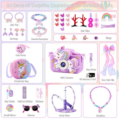 Advent Calendar for Girls 2025, Christmas Advent Calendar, 24 Days Unicorn Countdown Calendar Unique, Christmas Gifts for Girls with Kids Camera, Necklace, Bracelets, Jump Rope, Hair Clips, Glasses, Rings, Bag