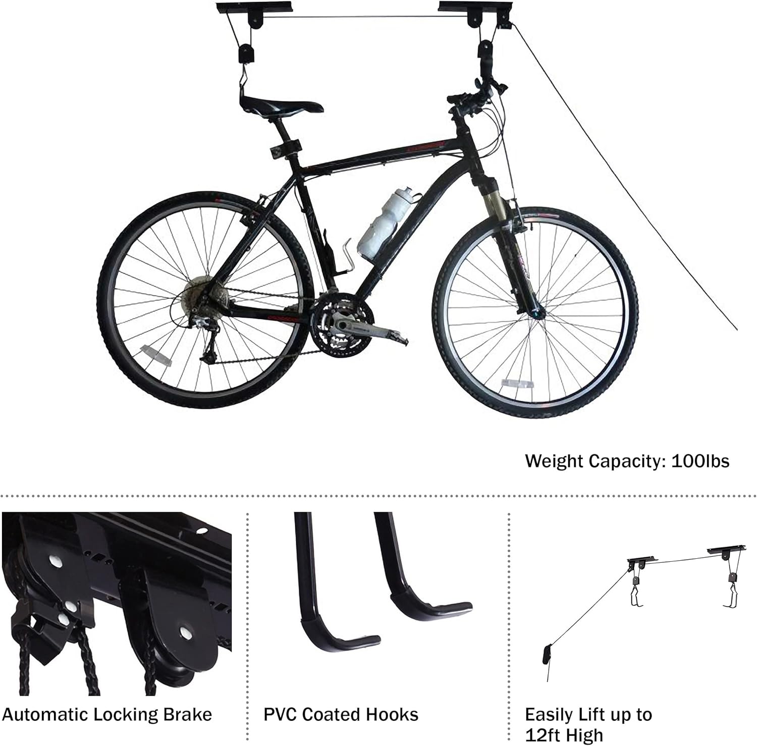 Rad Sportz Bike Hanger - Overhead Hoist Pulley System for Secure Garage Ceiling Storage | 100lb Capacity