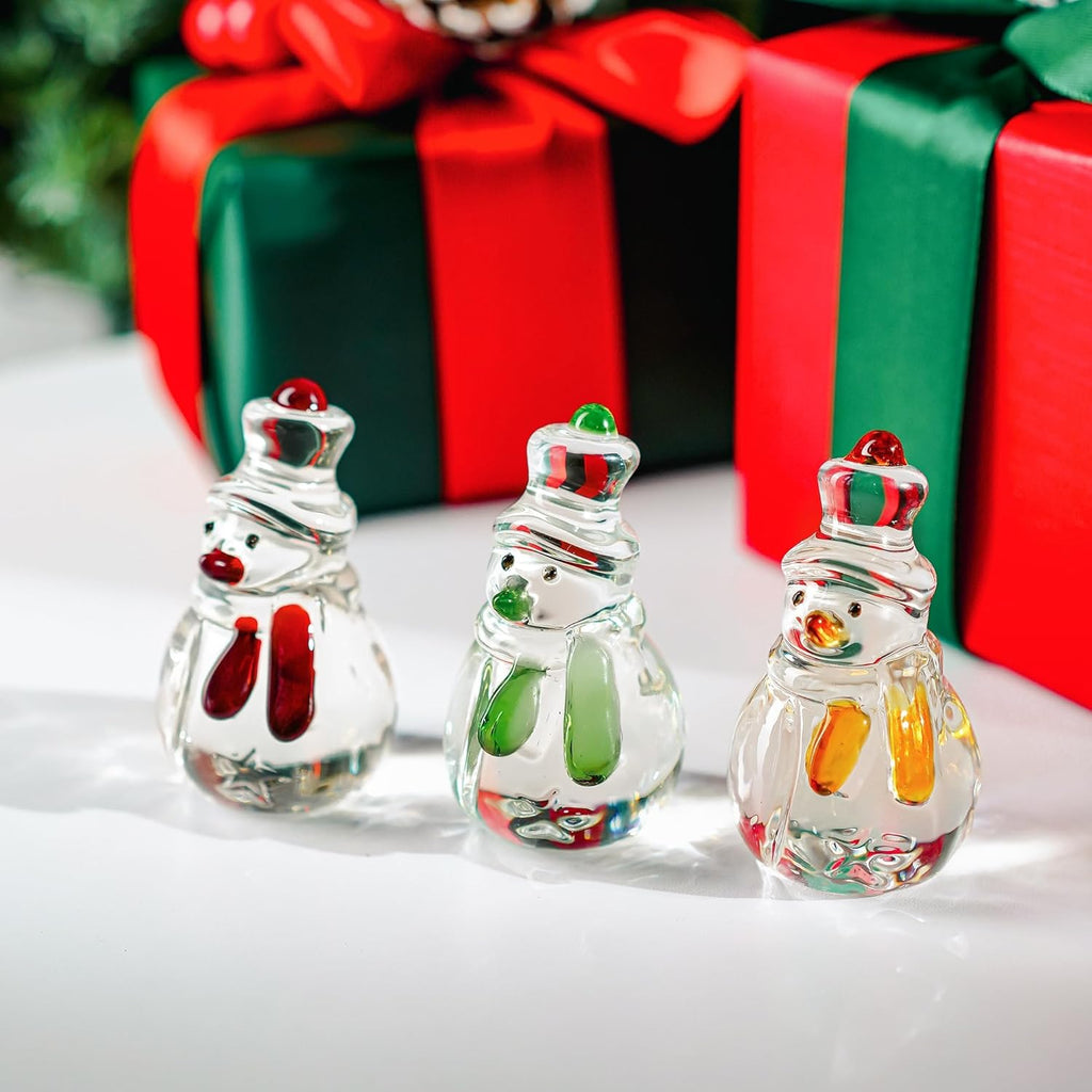 Skiennix Glass Snowman Figurines - Handmade Christmas Decorations | Set of 3, 1.6'' x 4.2''
