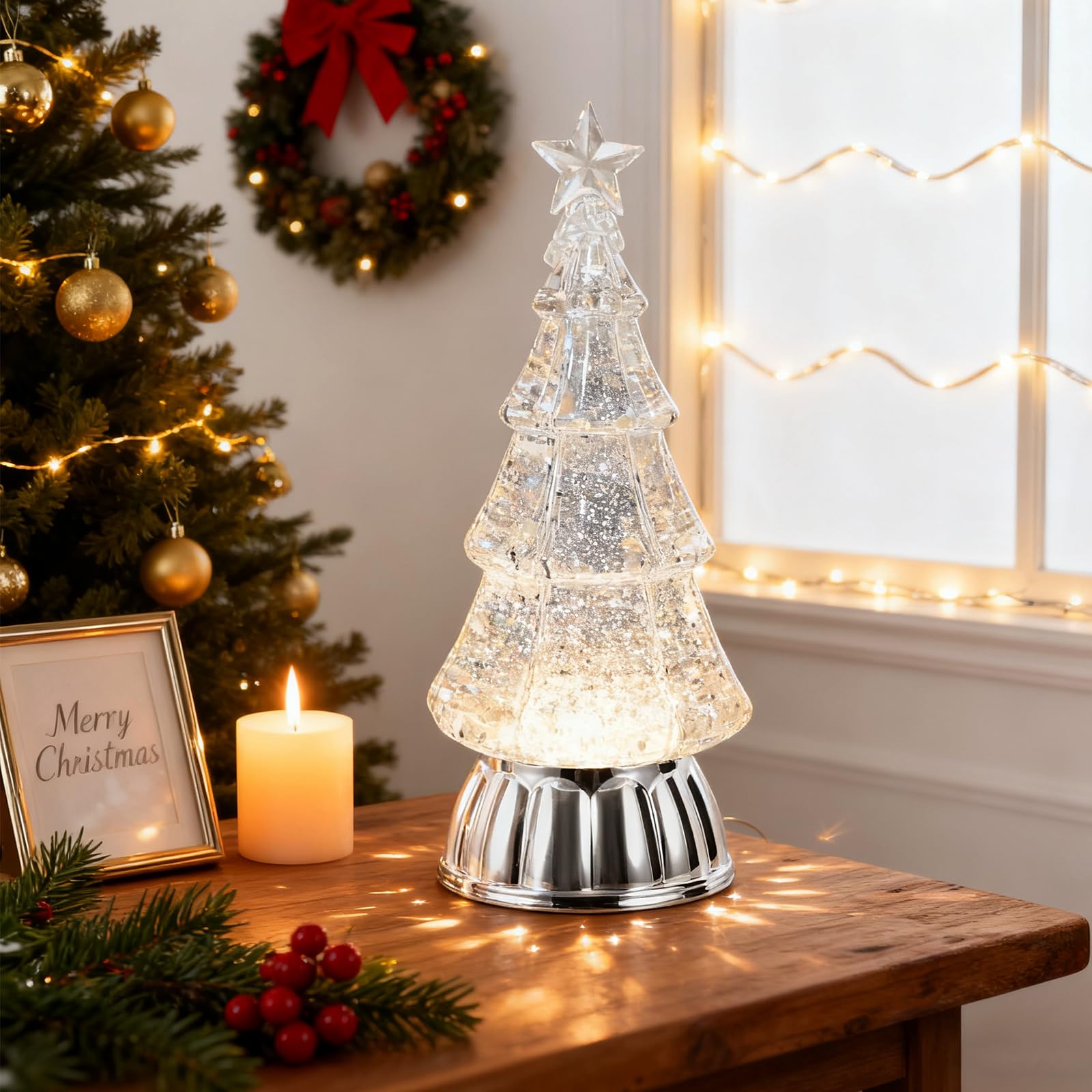 Christmas Tree Snow Globe Lantern with Warm Light 6H Timer Water Snow Globe Lantern USB & Battery Operated for Christmas Festival Decorations Gifts (Silver Tree)
