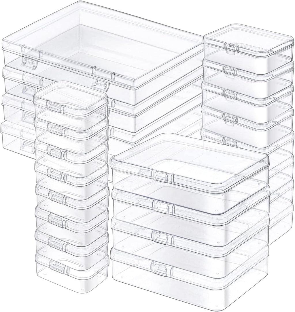 Skiennix Mini Plastic Storage Containers - 24 Pack Clear Boxes with Hinged Lids & Labels for Crafts