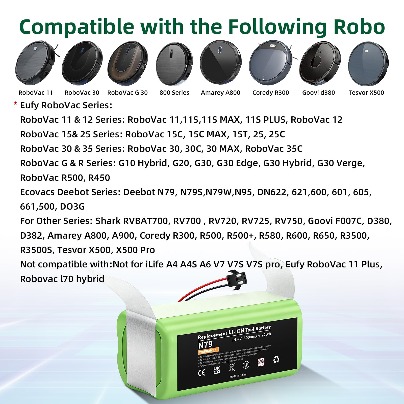 Upgraded 14.4V 5000mAh Battery Replacement for Ecovacs Deebot N79S N79 DN622 & Eufy RoboVac 11 11S 11S MAX 11C 12 15C 15T 15MAX 25C 30C 30 35C G30, Shark, Amarey, Coredy Robot Vacuum Battery