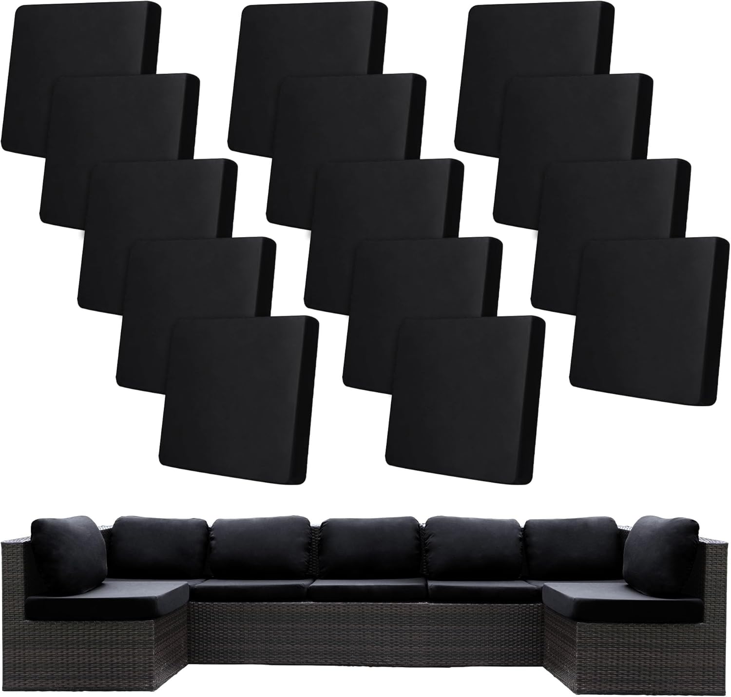 Skiennix 14 Pcs Stretch Patio Cushion Covers - Washable Outdoor Couch Slipcovers | Black