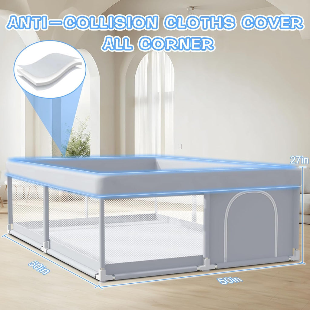 XVISHX Baby Playpen - 50 x 50 Inch Indoor & Outdoor Playard with Soft Mesh & Skin-Friendly Fabric - Grey