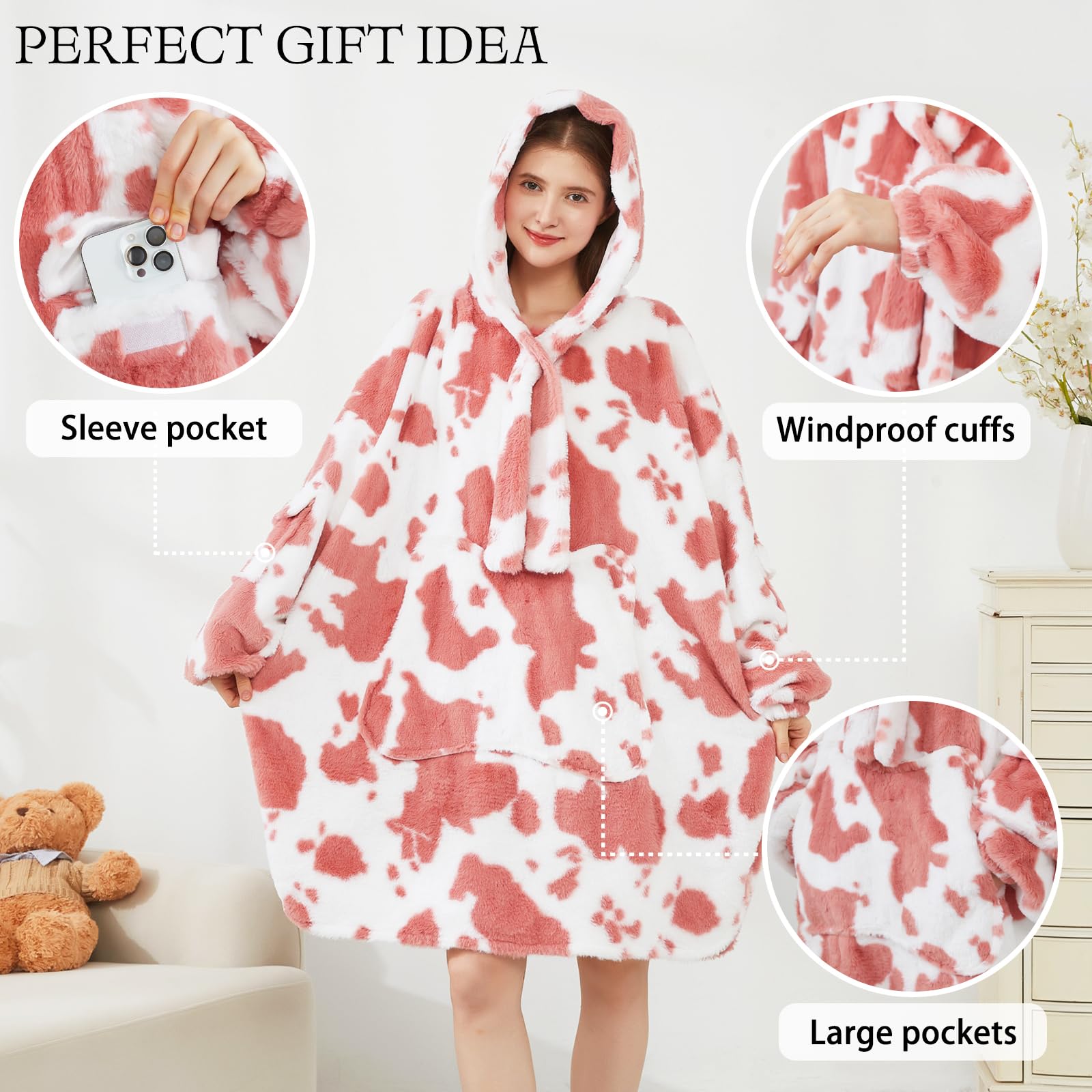 Softan Blanket Hoodie, Oversized Fleece Wearable Blankets for Women and Men Gifts, Cozy Warm and Soft Sweatshirt Blanket with Large Pocket, Pink Cow Print