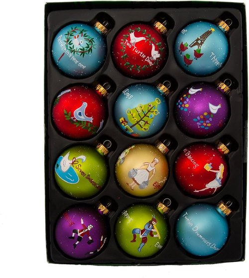 Kurt Adler Twelve Days of Christmas Ball Ornaments - 65mm | Set of 12 Festive Decorations