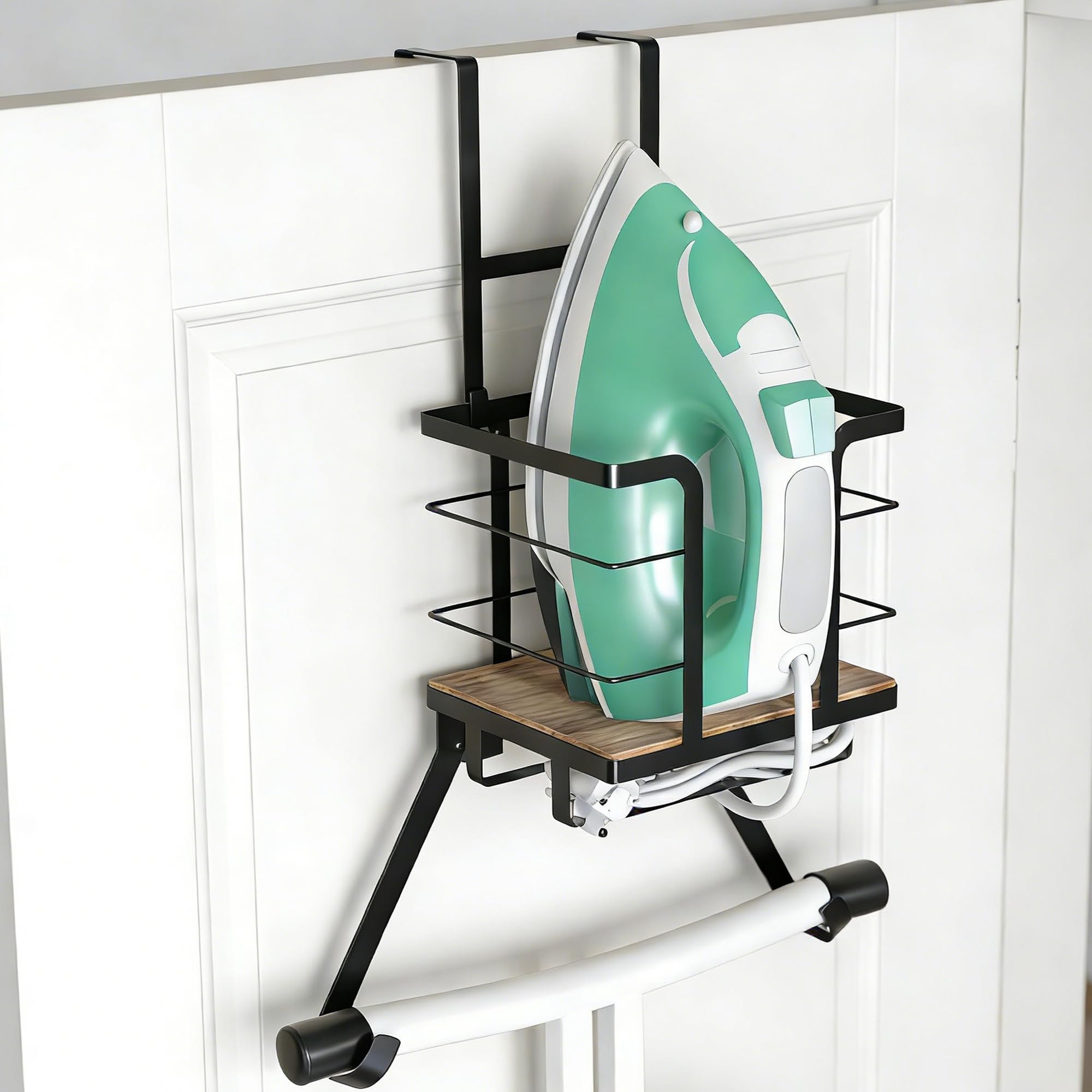 Over The Door & Wall Mount Ironing Board Hanger Wooden & Metal Laundry Room Organizer, Anti-Slip Fence Design, Fits T/Y-Leg Ironing Boards for Iron Steamer Pressing Accessories