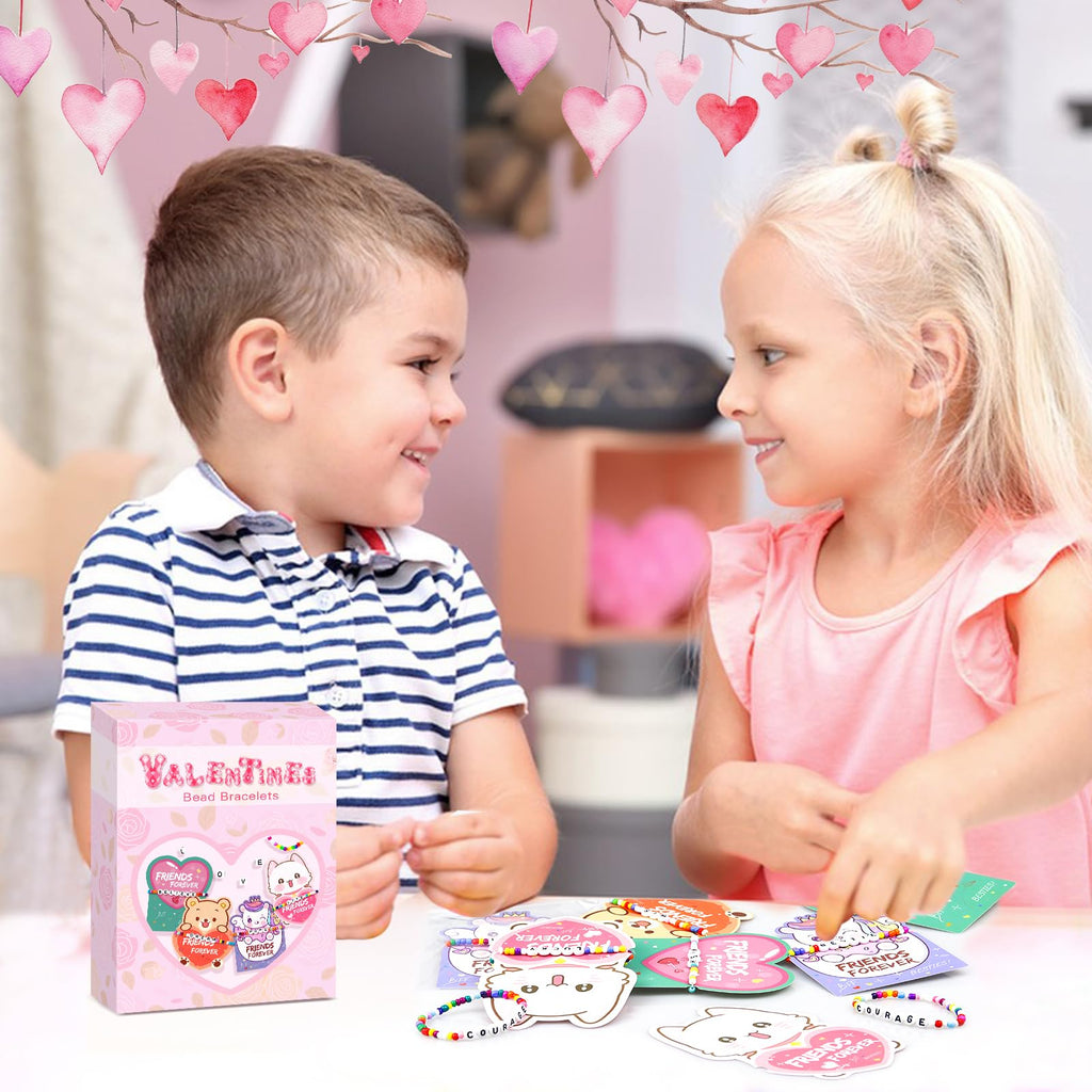 Valentines Day Cards for Kids, 24 Pack Valentines Gift Classroom Cards with Galentines Friendship Bead Bracelets, Valentines Gift Exchange for Boys Girls, Valentines Party Favors Supplies for Kids