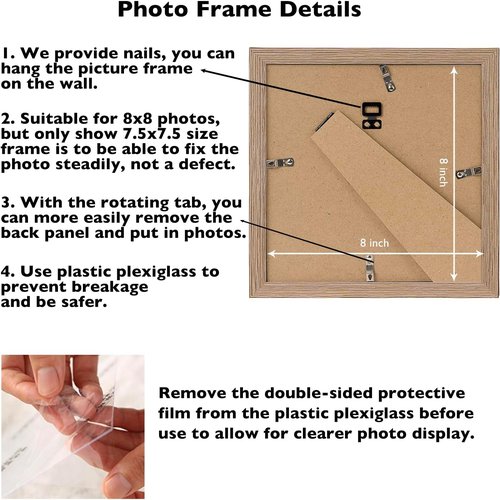 JCJMY 8x8 Picture Frame - Rustic Brown Wall Mount or Tabletop Display | Shatter-Resistant Plexiglass