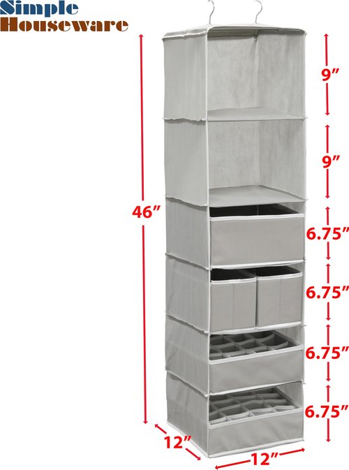 Simple Houseware 6 Shelf Hanging Closet Organizer with 5 Drawers Storage, Gray