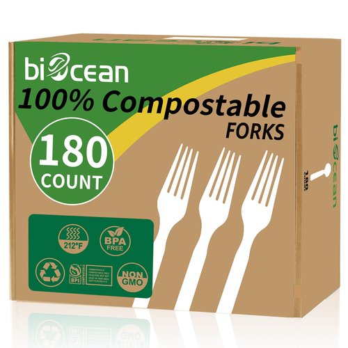 Biocean 100% Compostable Forks 180 Count Disposable Forks bulk Utensils Set Heavy Duty Fork Silverware Eco Friendly Flatware for Party Camping Picnics Wedding-Ivory White