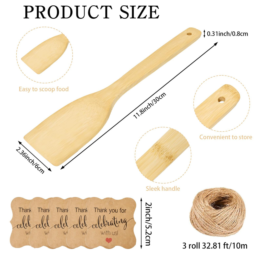 LECEHIVO 60 Sets Bamboo Spatula with Thank You Cards and Hemp Rope 12 Inch Flat Handle Cooking Wok Spatula for Kitchen Utensils Housewarming Party Birthday Wedding