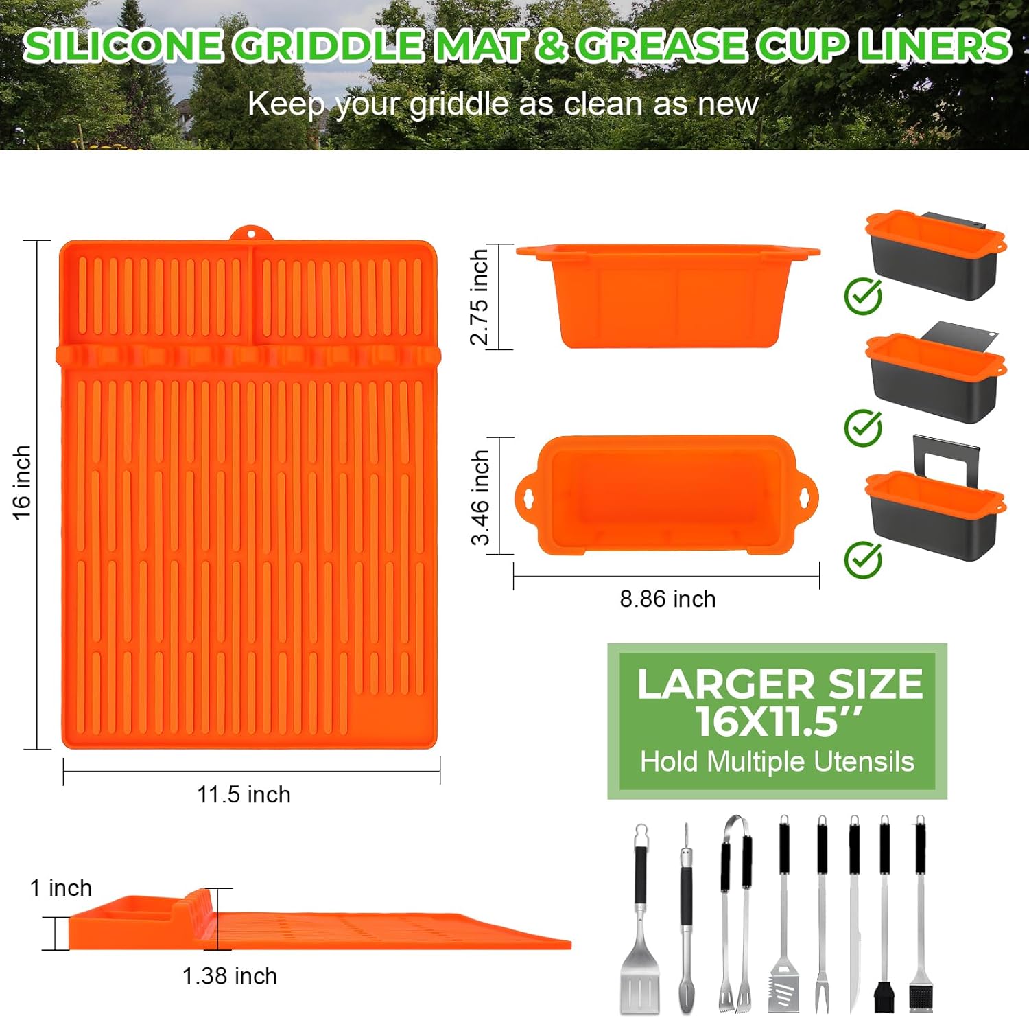 Blackstone 36" Silicone Griddle Mat - Food Grade Grill Cover with Spatula & Grease Cup Liner | Set of 3