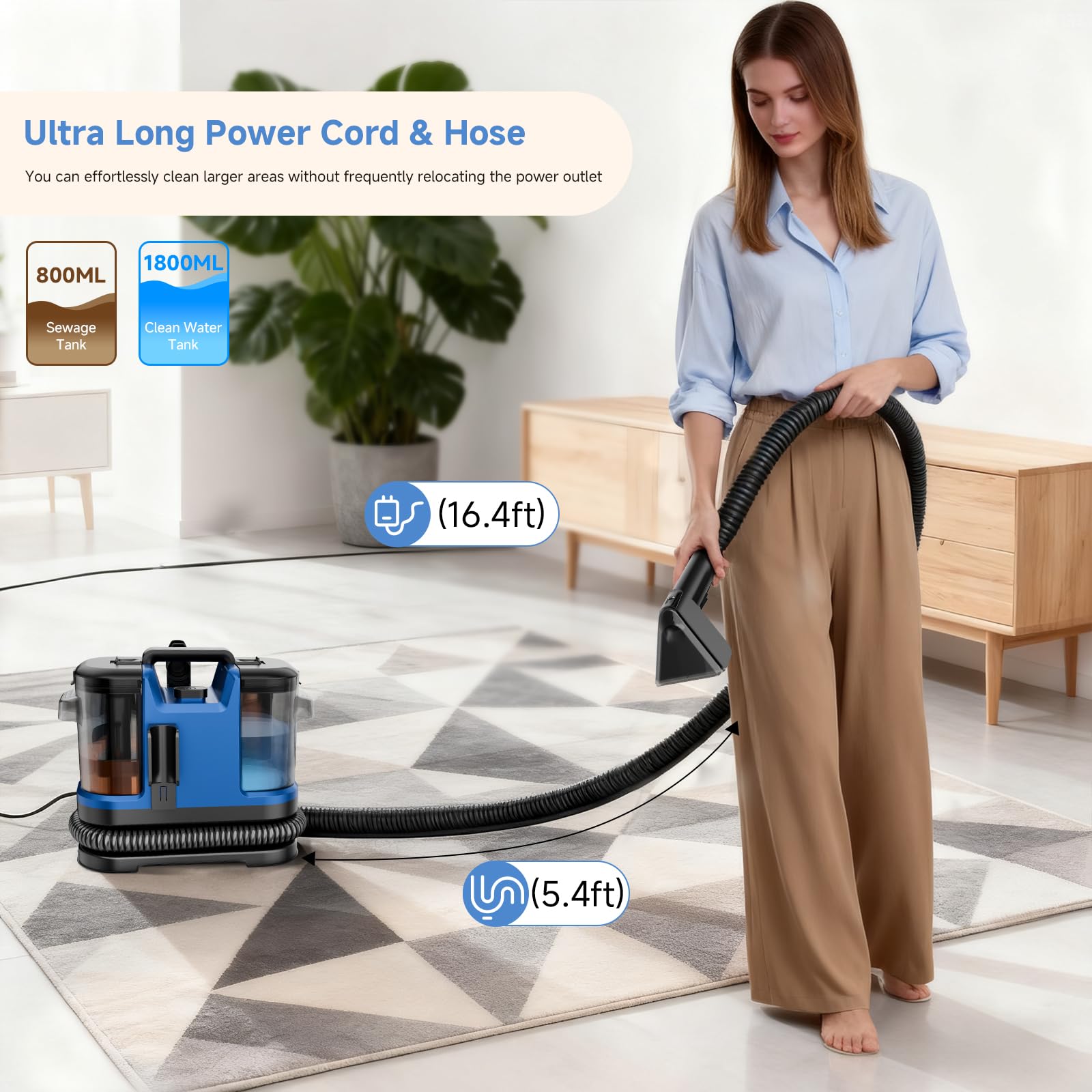 Vaconly Portable Carpet & Upholstery Cleaner Machine, Handheld Spot Cleaner with Dual Brush, 18KPa Suction, Large Removable Tank for Couch, Car, Stairs, Rugs & Pet Stains, Blue