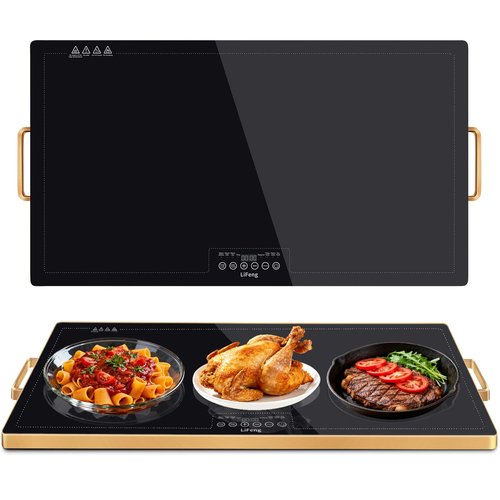 Warming Mat for Food,（Extra Long 32”x18”） Warming Tray with Adjustable Thermostat, 2 Temperature Modes for Parties Buffet, Parties, Holidays, Family Gatherings, Gold Edge (Black, Extra Large 32"x18")